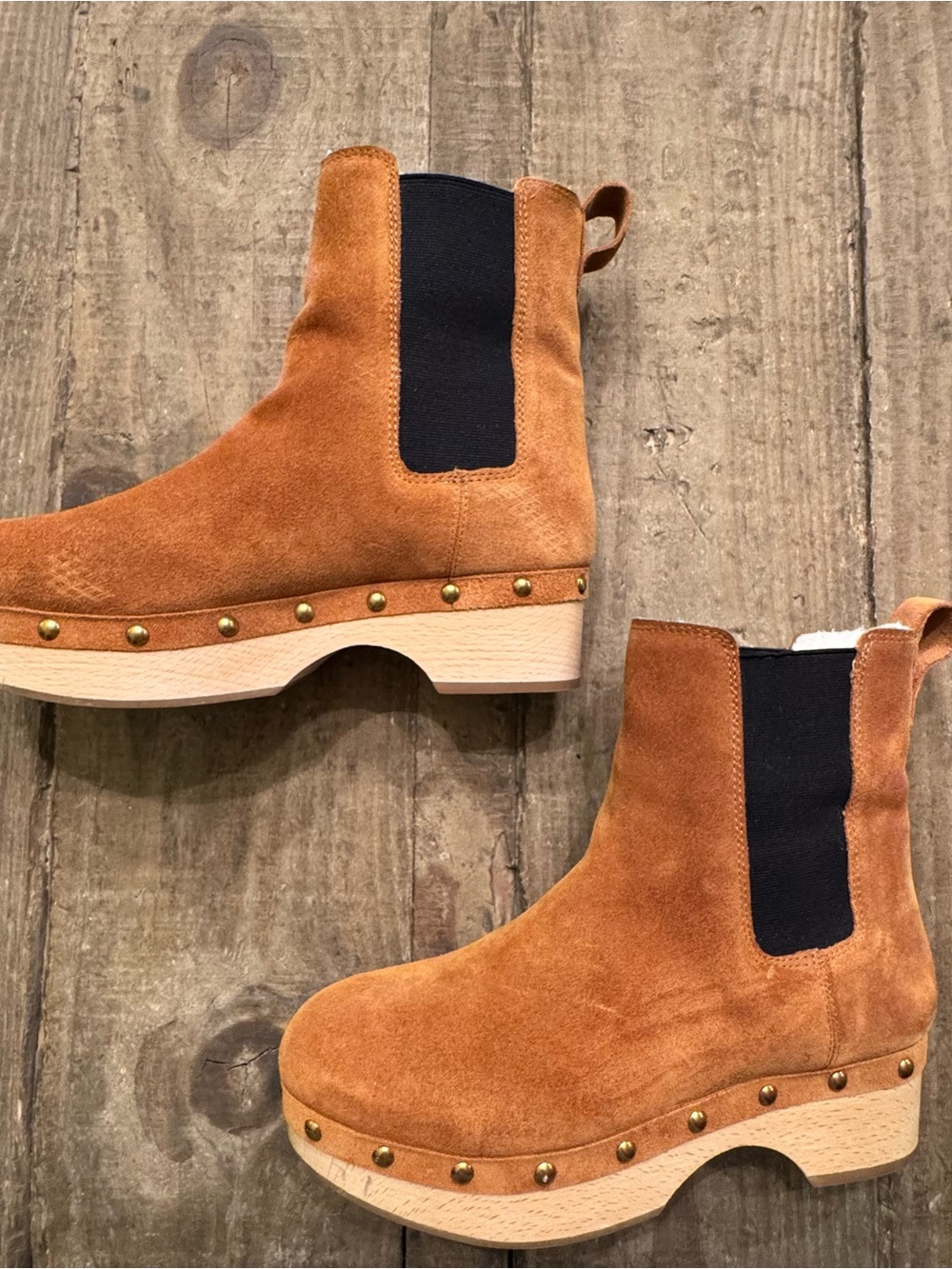 J. Crew Rich Tan Suede Chelsea Clog Boots with Shearling Upper
